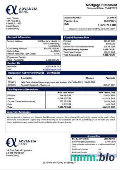 Luksemburg Advanzia Bank wyciąg z kredytu hipotecznego szablon Word i PDF